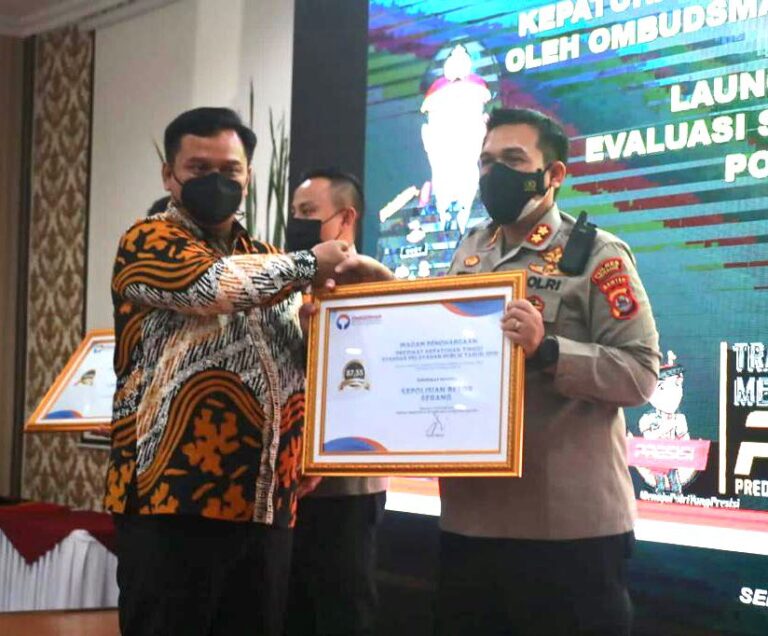 Raih Predikat Zona Hijau Dalam Kepatuhan Standar Pelayanan Publik Polda Banten Dapat Penghargaan dari Ombudsman Republik Indonesia