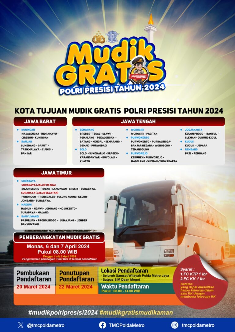 Ayo…Daftar Program Mudik Gratis Polri Presisi 2024 Catat Tempat dan Syarat Pendaftarannya