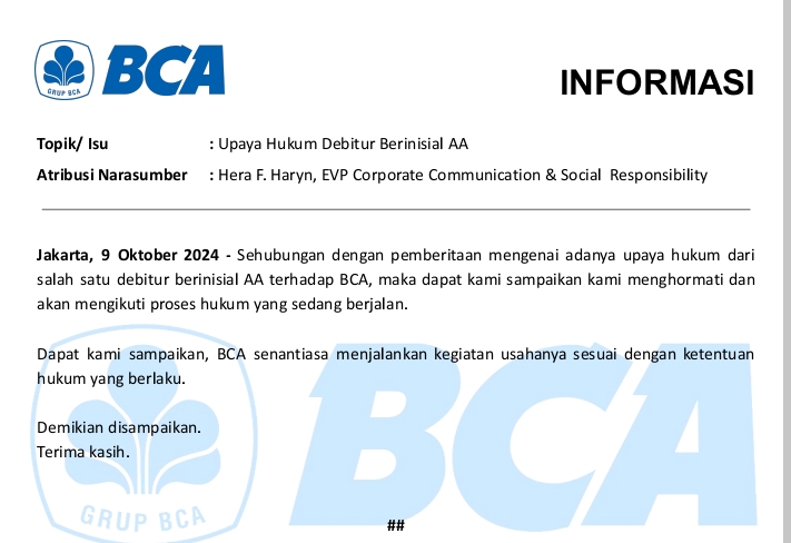 Dirut BCA Menolak Diwawancarai FPWI Terkait Kasus Lelang