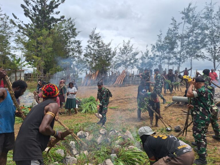 Minggu Berkah Bersama, Satgas Yonif 641/Bru Ikuti Acara Adat Bakar Batu di Distrik Napua